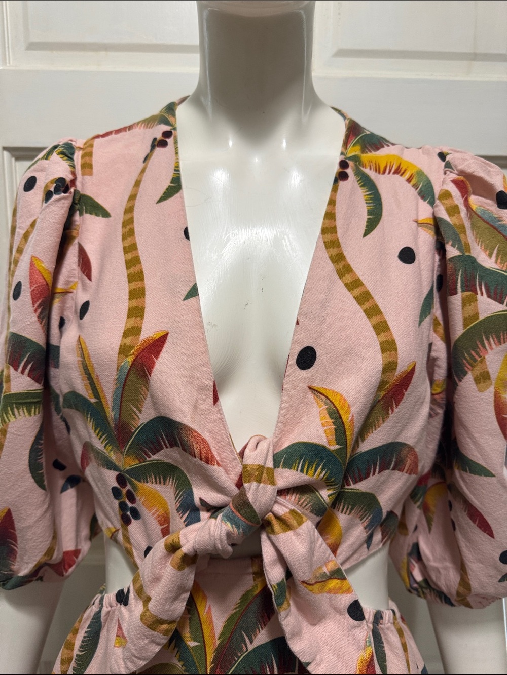 Farm Rio Cotton Pink Tropical Tie-Front Midi Dress Size Medium - Picture 6 of 16